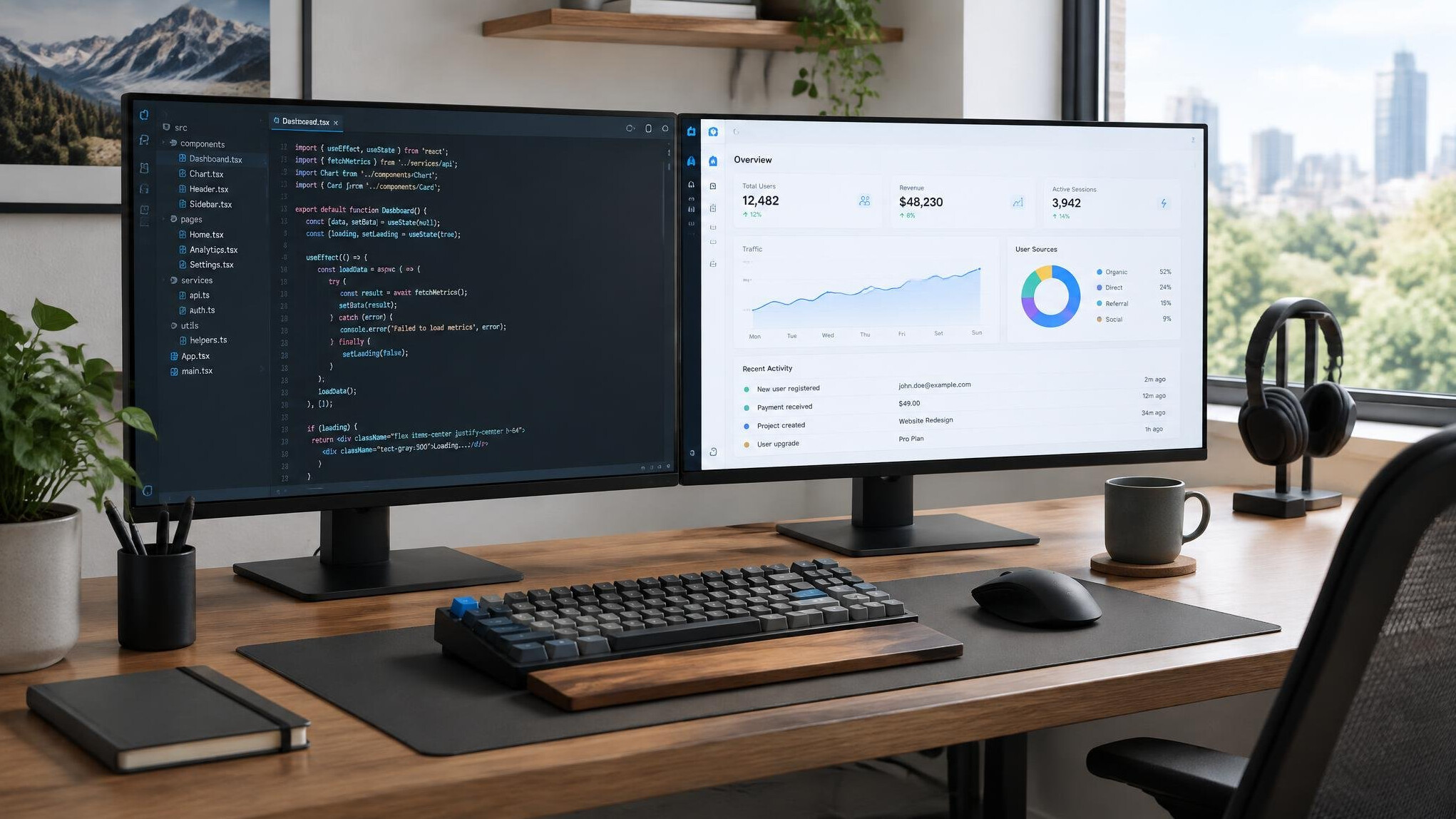 Modern developer workstation with dual monitors and keyboard